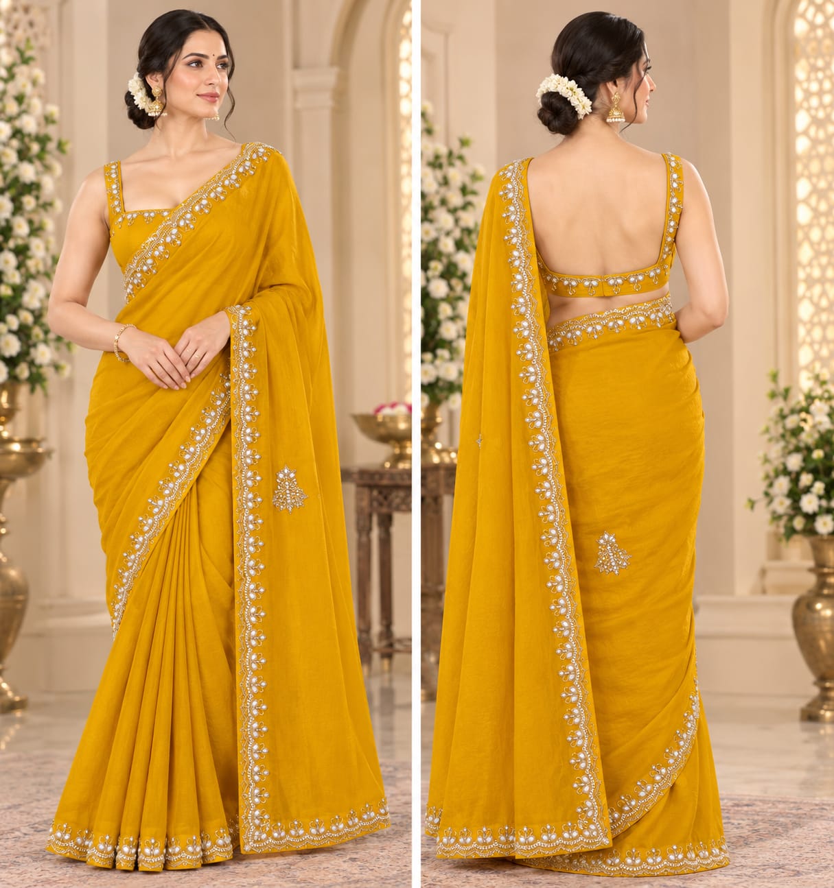 Mustard Yellow Georgette Saree with Embroidered Border