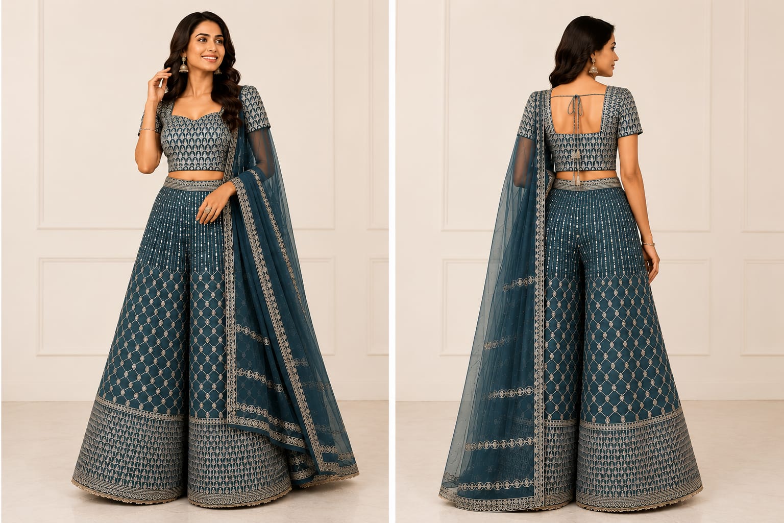 Teal Lattice Embroidered Indo-Western Set