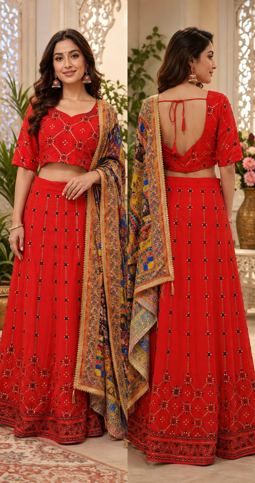 Red Embroidered Lehenga Choli Set with Dupatta