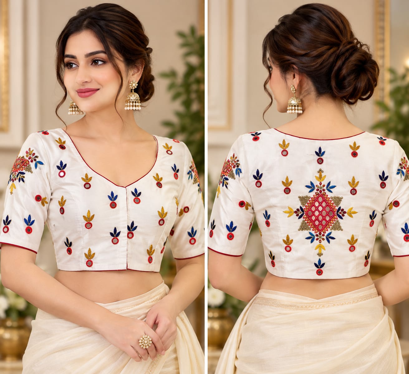 Embroidered Ivory Saree Blouse with Mirror Work