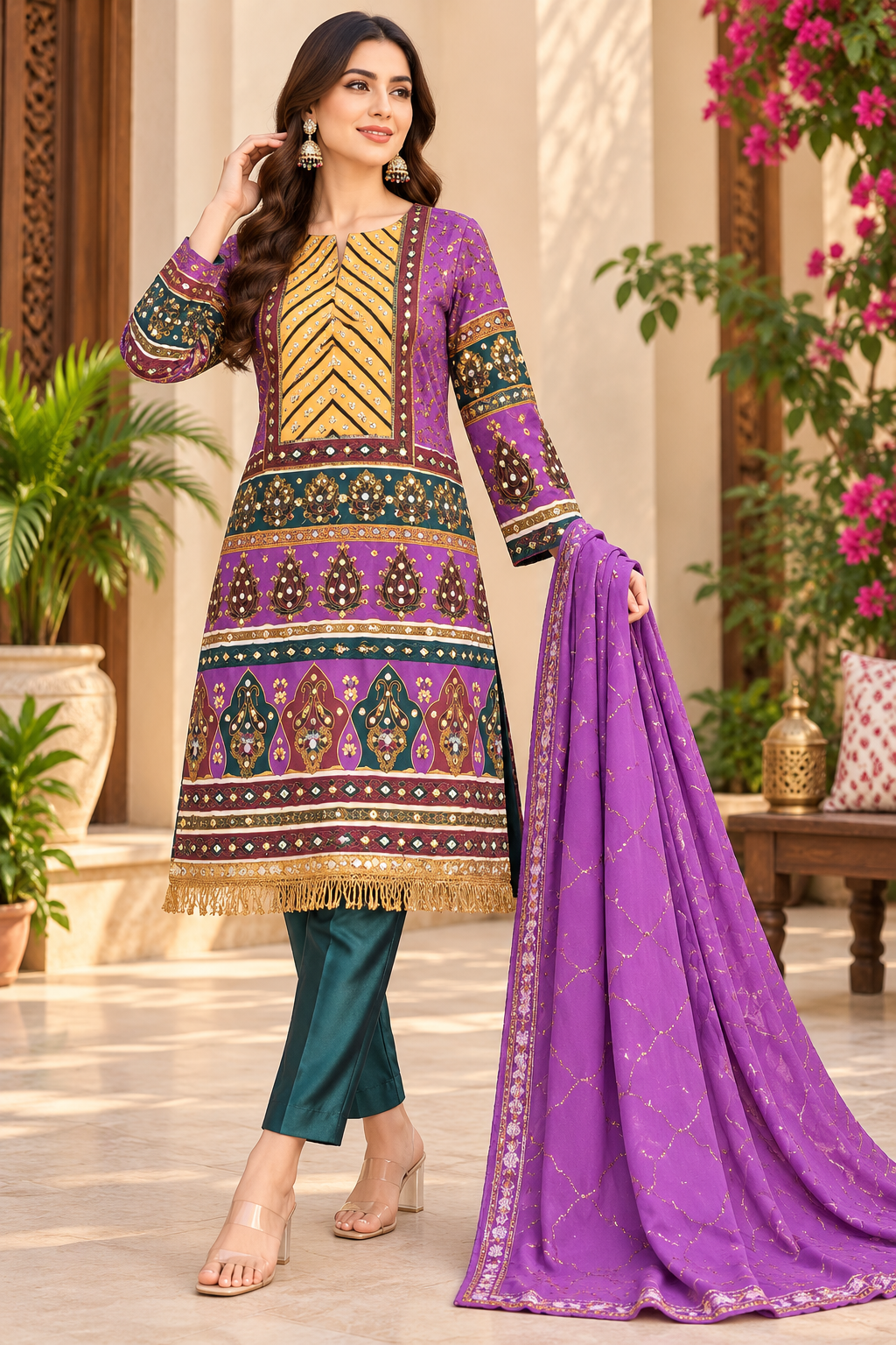 Three-Piece Purple Printed Kurta Set with Teal Trousers and Dupatta