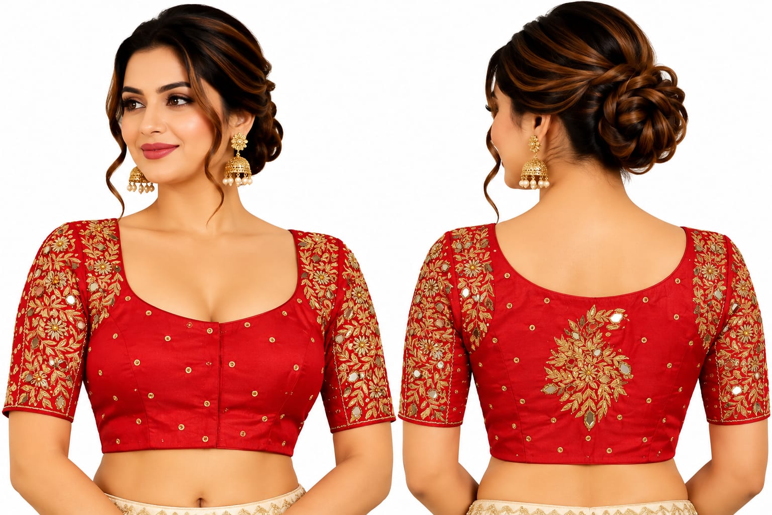 Women's Red Saree Blouse with Gold Floral Embroidery