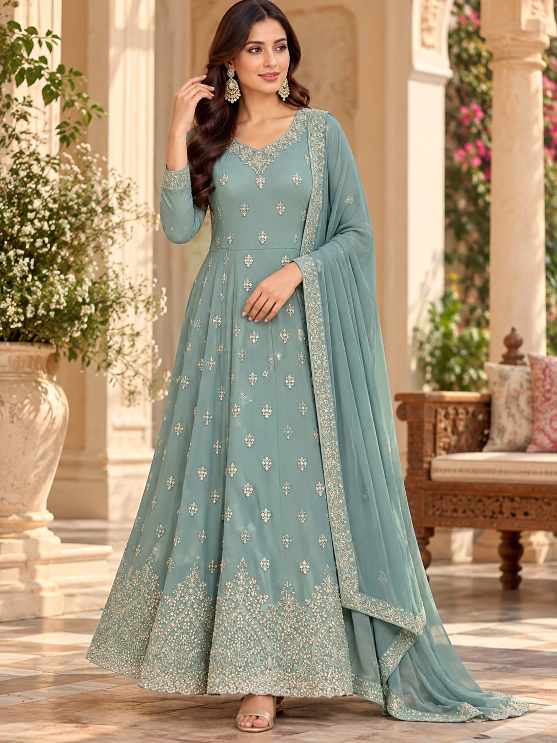 Embroidered Anarkali Gown with Dupatta in Sage Green