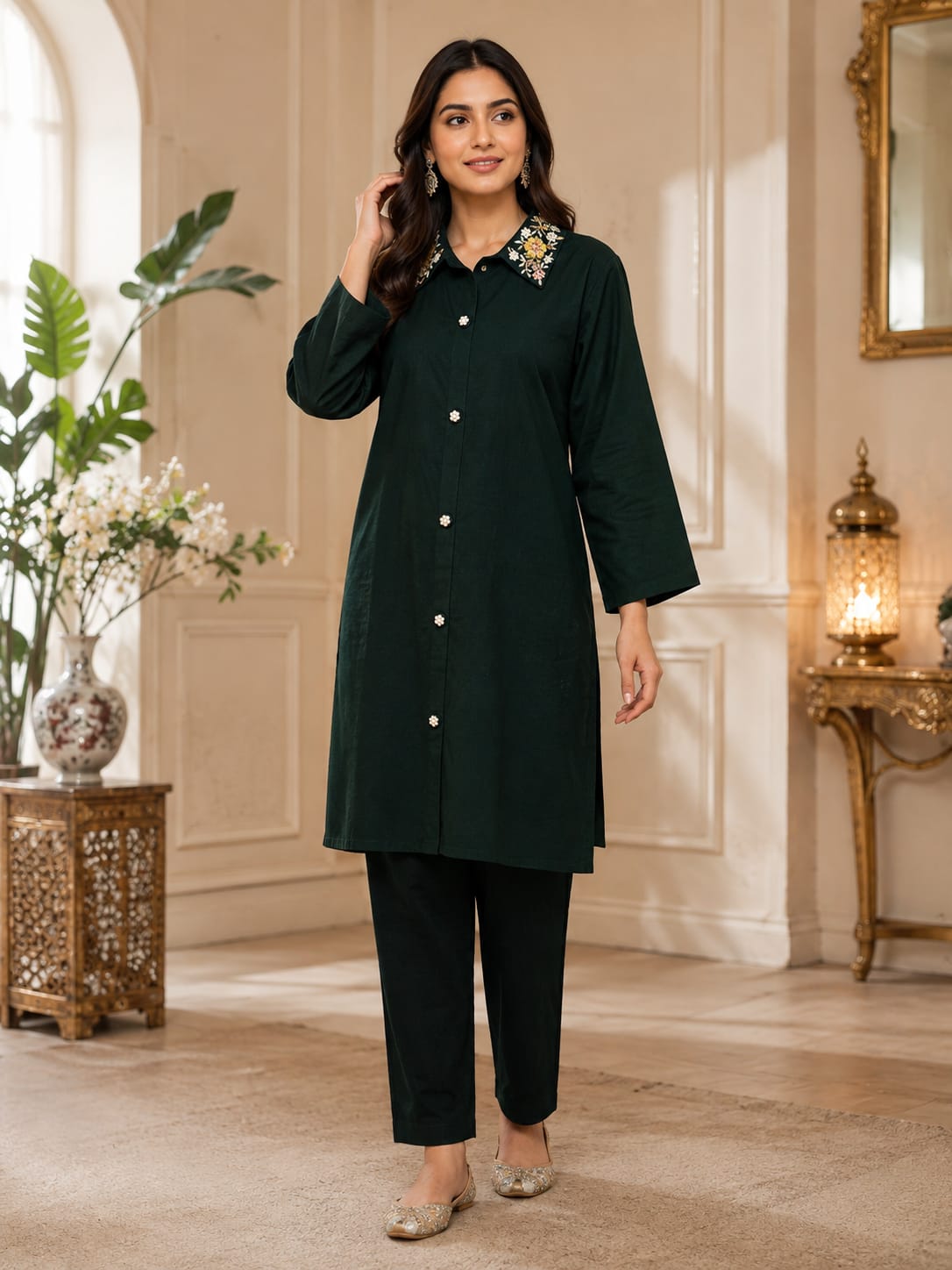 Dark Green Collar Embroidered Kurta Set