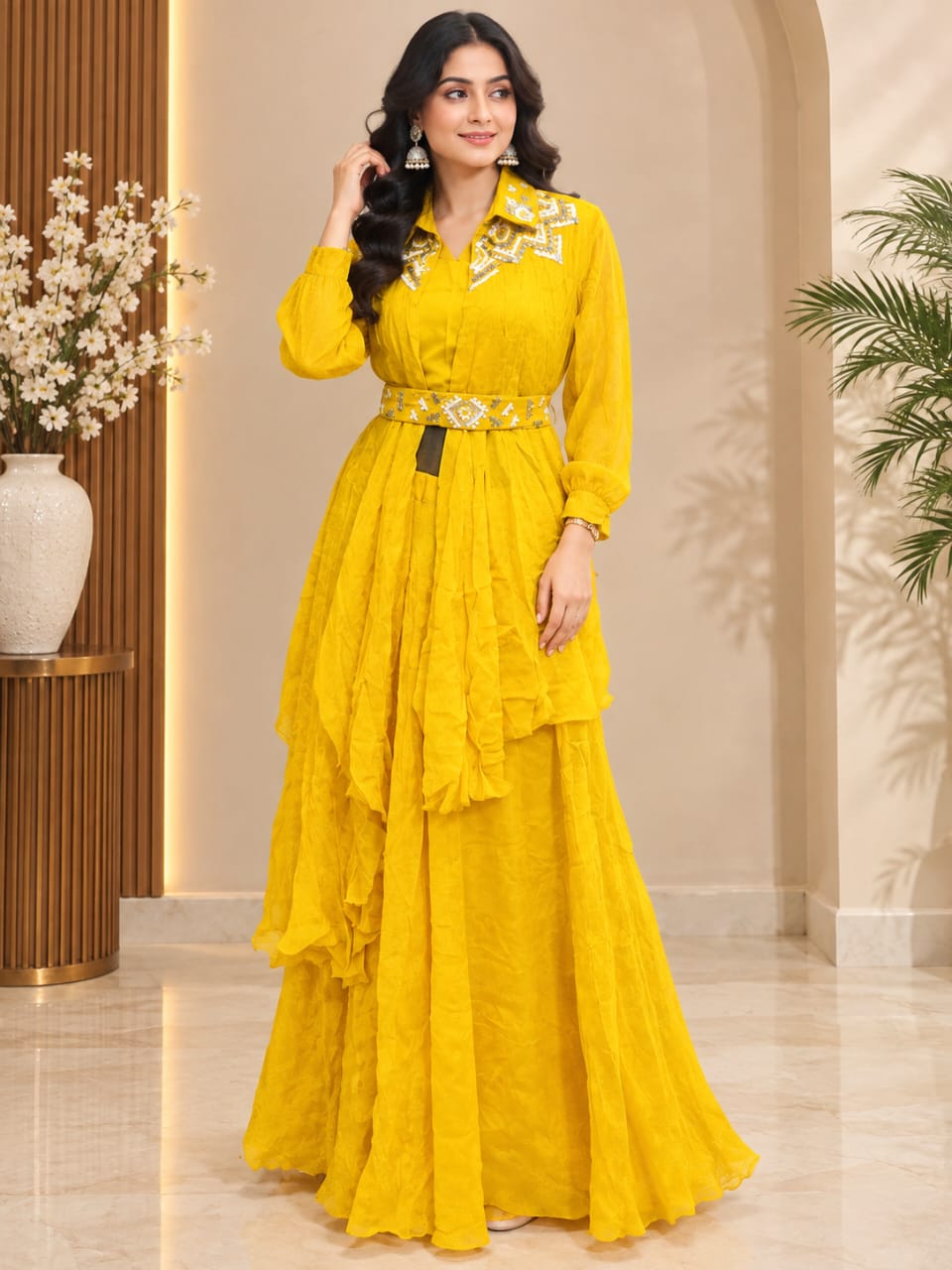 Mustard Yellow Embroidered Collar Tunic with Layered Drapes and Maxi Skirt Set