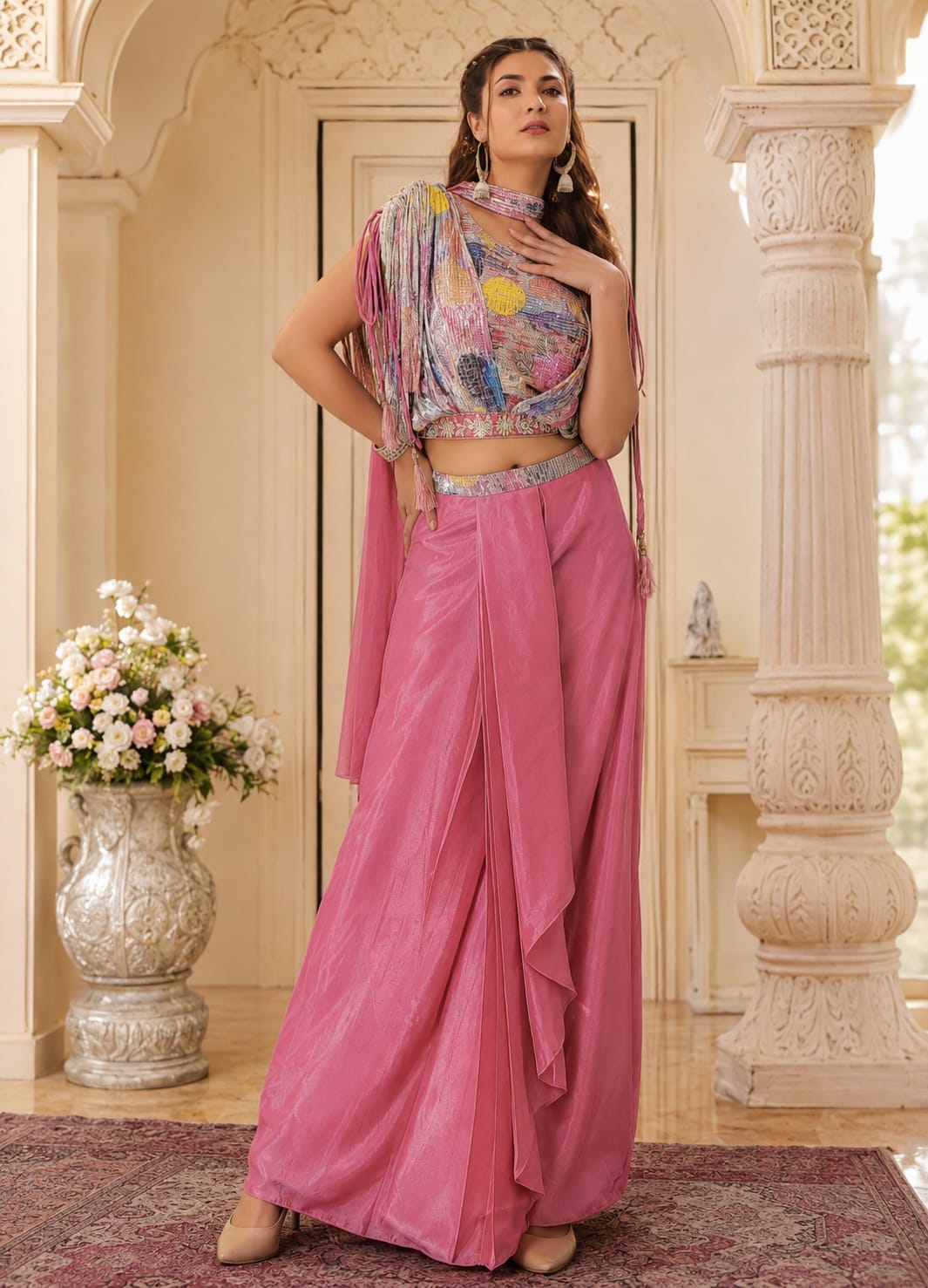 Pink Indo-Western Draped Skirt Set
