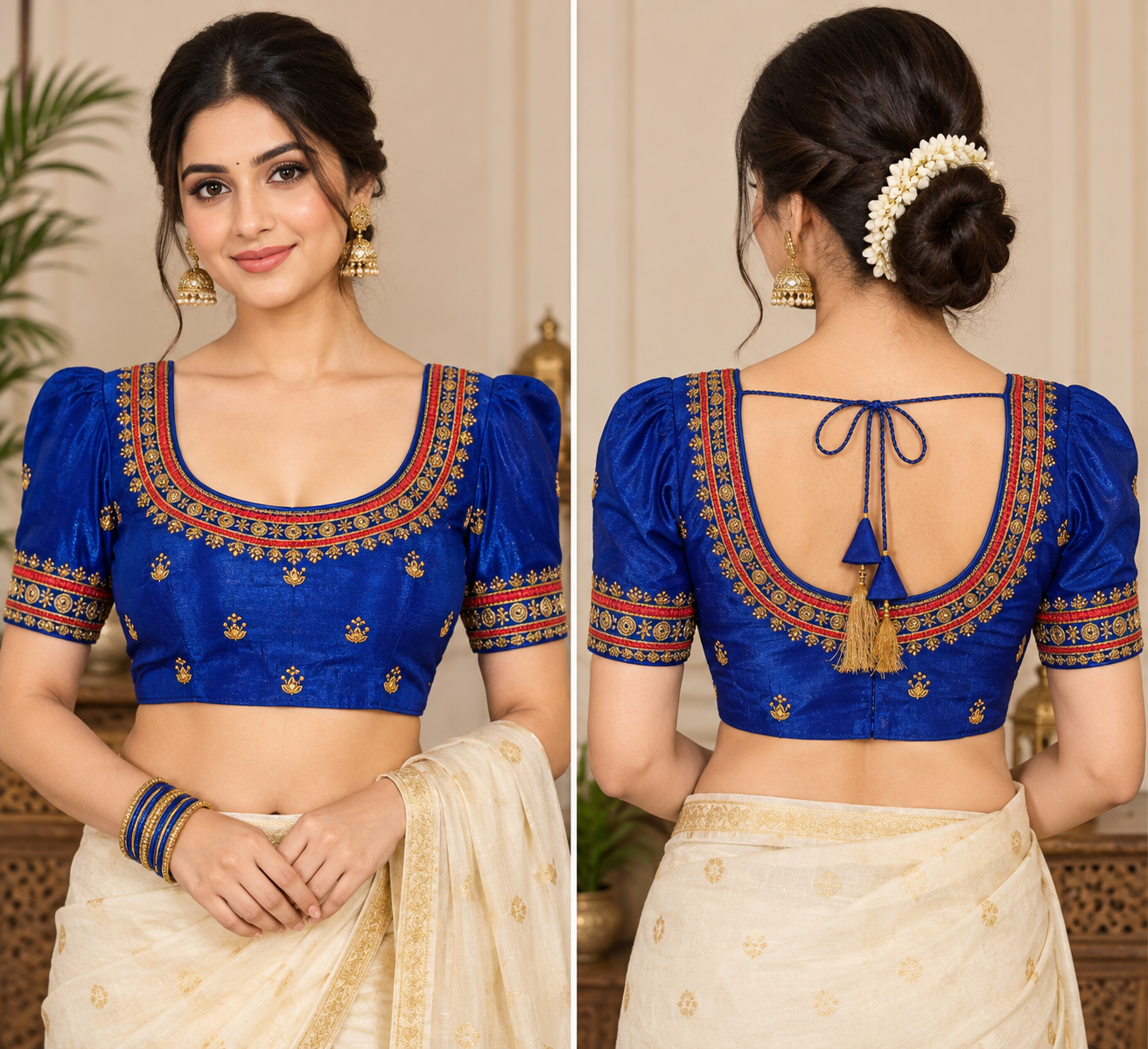 Royal Blue Embroidered Saree Blouse with Puff Sleeves