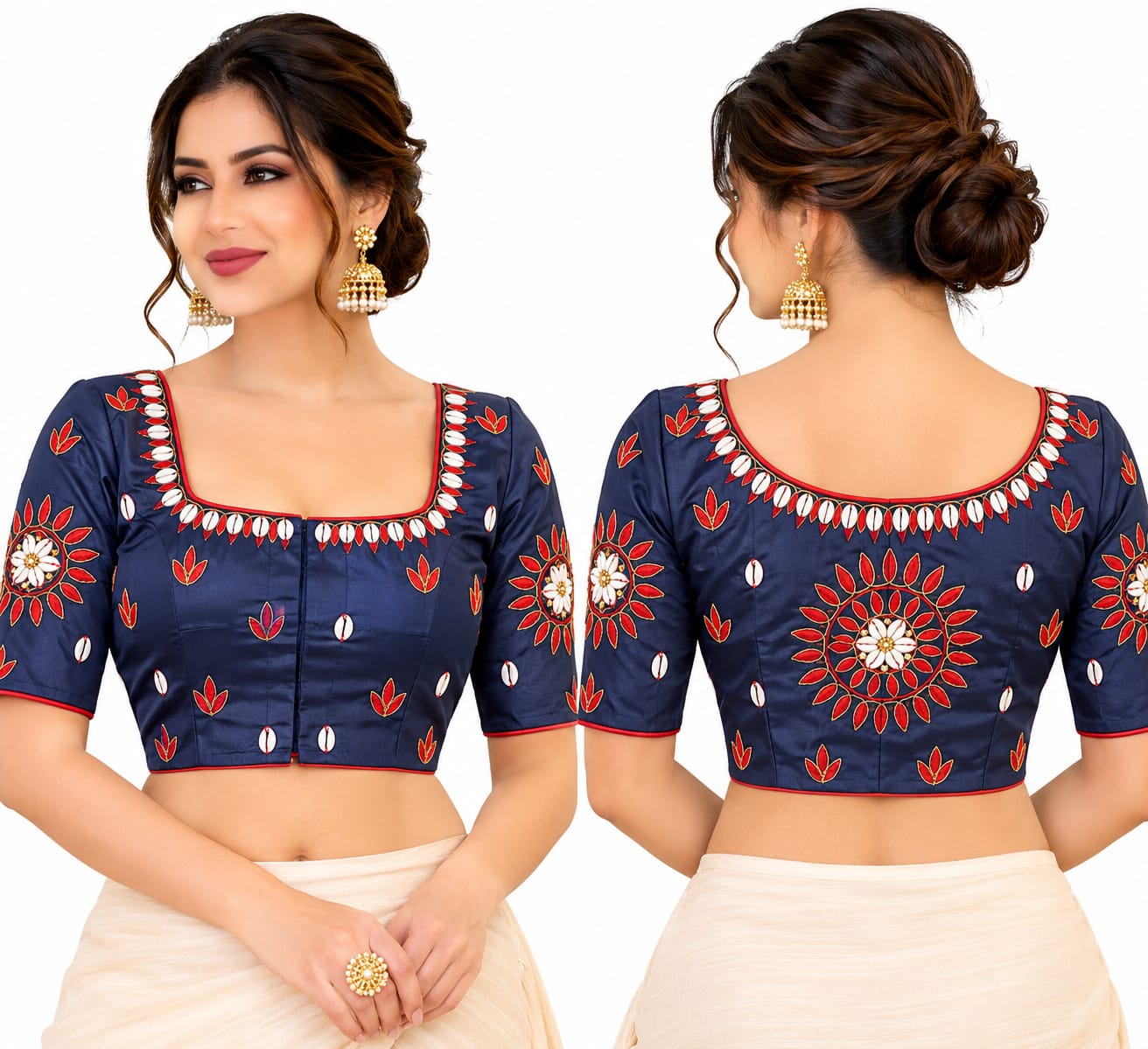 Navy Blue Embroidered Saree Blouse with Cowrie Shell Detailing