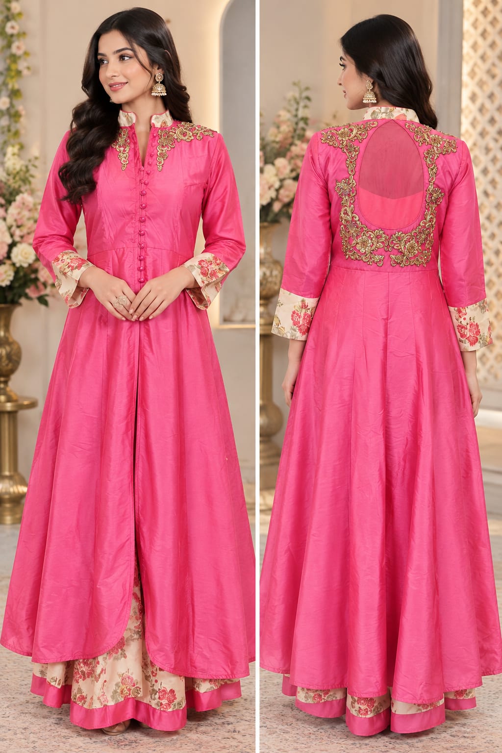 Embroidered Fuchsia Pink Anarkali Gown with Floral Accent Skirt