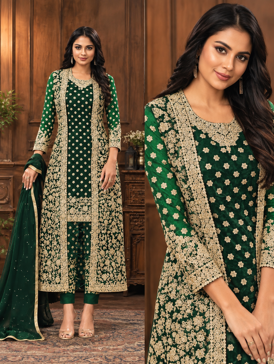 Floral Embroidered Jacket Style Suit Set