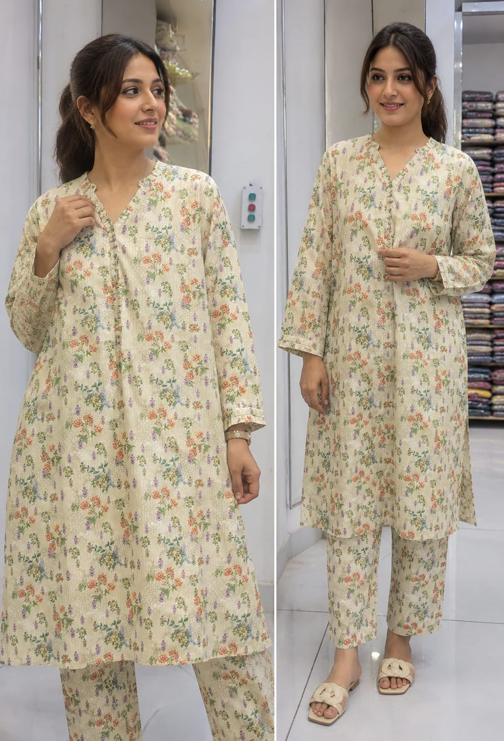 Cream Floral Printed Co-ord Sets