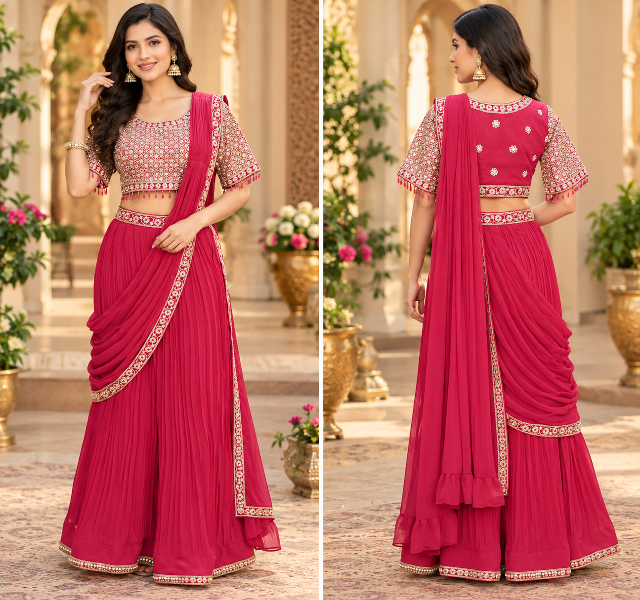 Embellished Magenta Lehenga Saree Set with Embroidered Crop Top