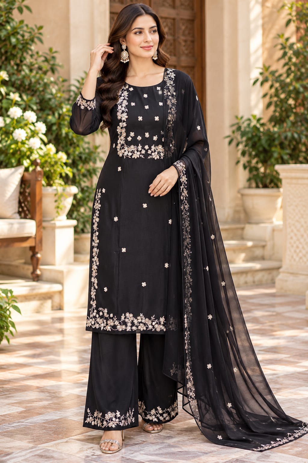 Elegant Black Embroidered Kurta Set with Palazzo and Dupatta
