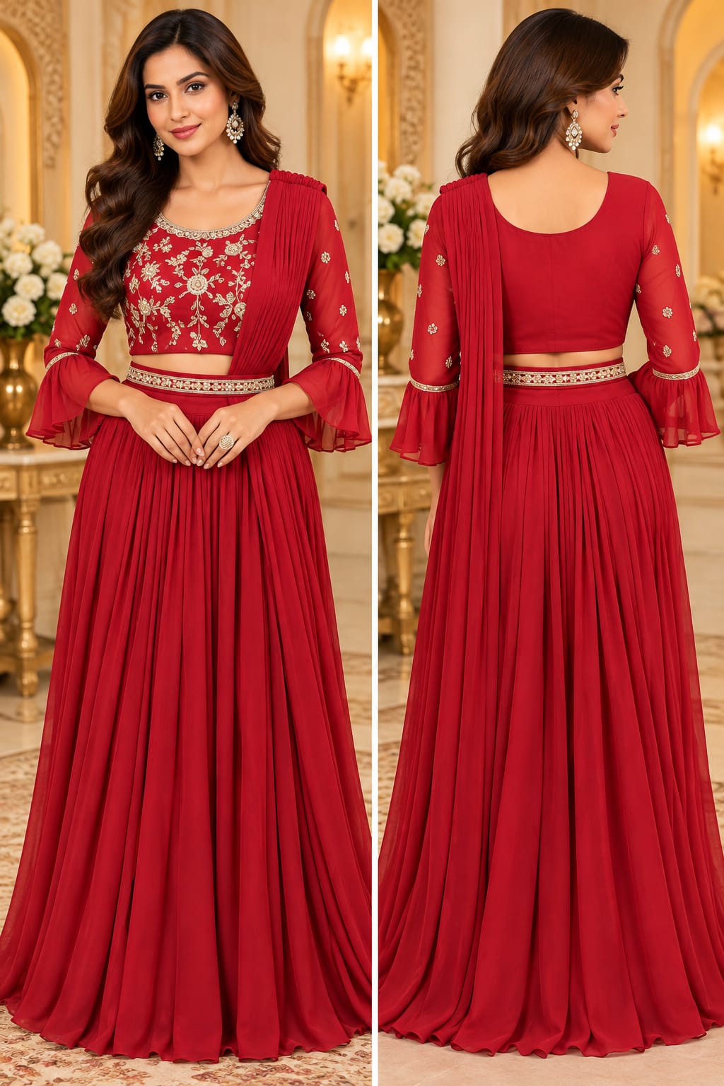 Red Embroidered Crop Top and Pleated Lehenga Set with Attached Dupatta