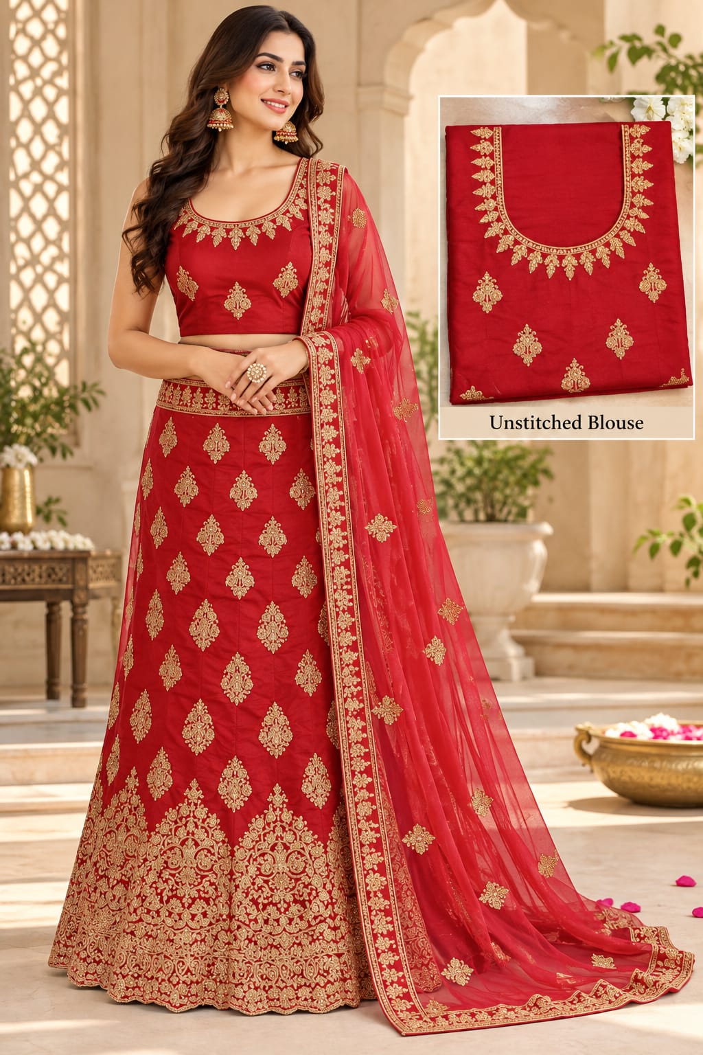 Embellished Red and Gold Lehenga Choli Set with Dupatta