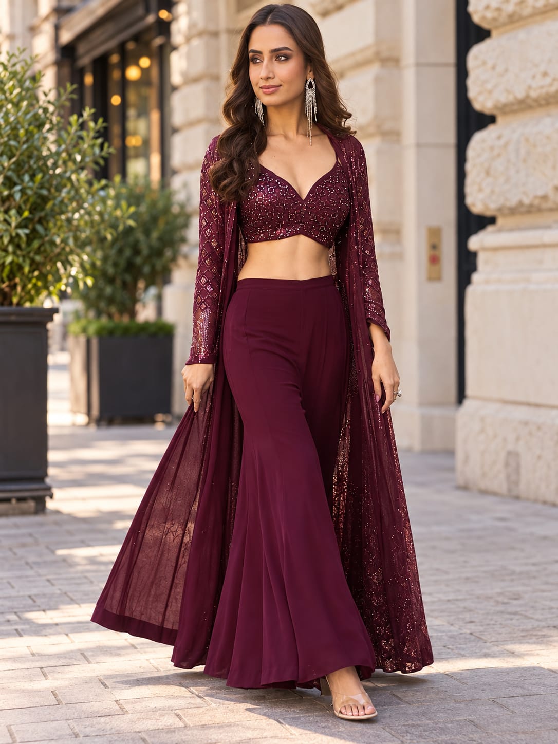 Deep Plum Three-Piece Sequined Fusion Set with Long Jacket