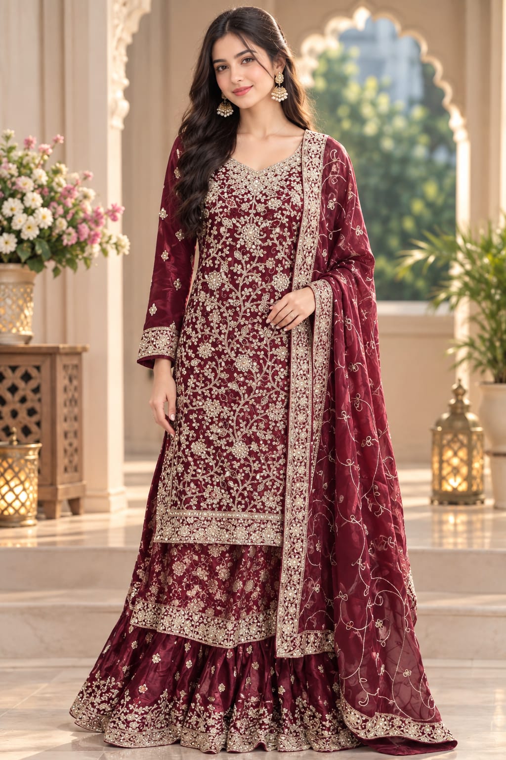 Maroon Embroidered Sharara Suit with Dupatta