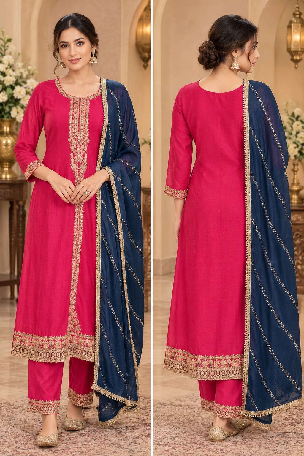 Women's Magenta Pink Embroidered Kurta Set with Navy Blue Dupatta