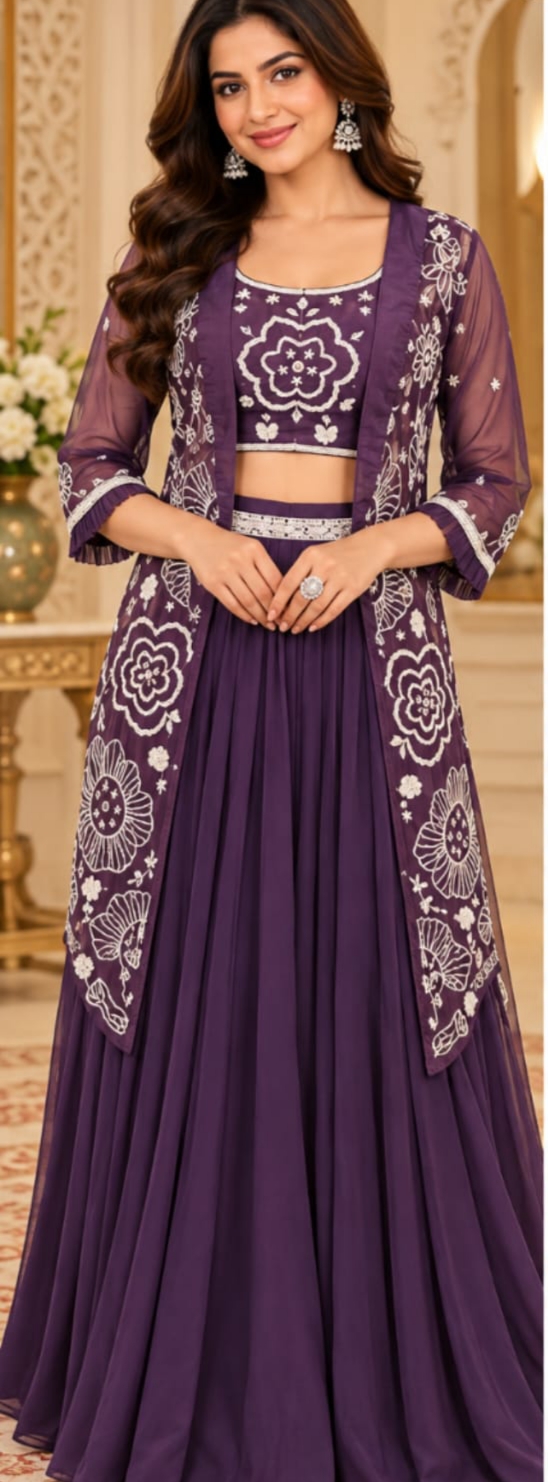 Deep Purple Embroidered Three-Piece Indo-Western Set