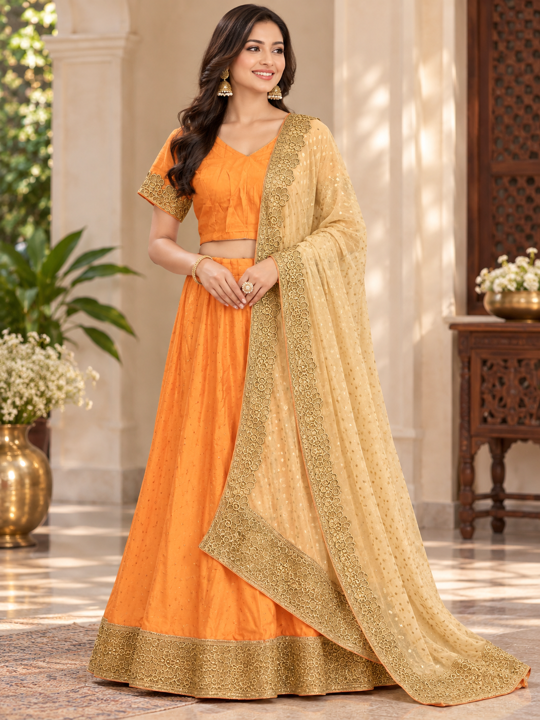 Vibrant Orange and Gold Lehenga Choli Set with Sheer Dupatta