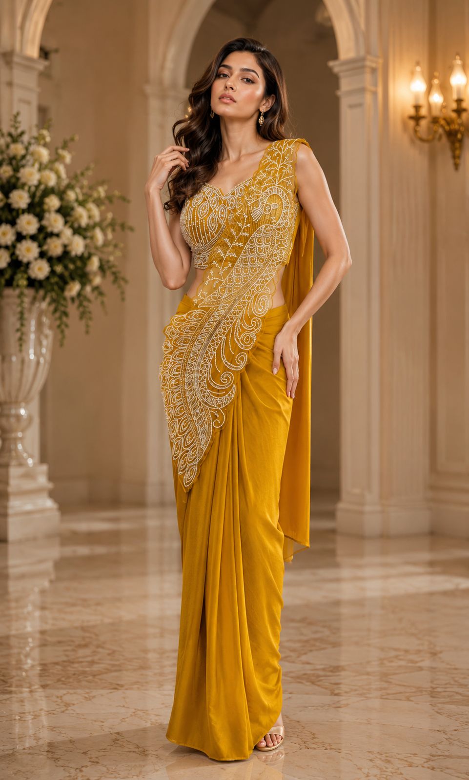 Pre-Draped Mustard Yellow Saree Gown with Intricate Embroidery