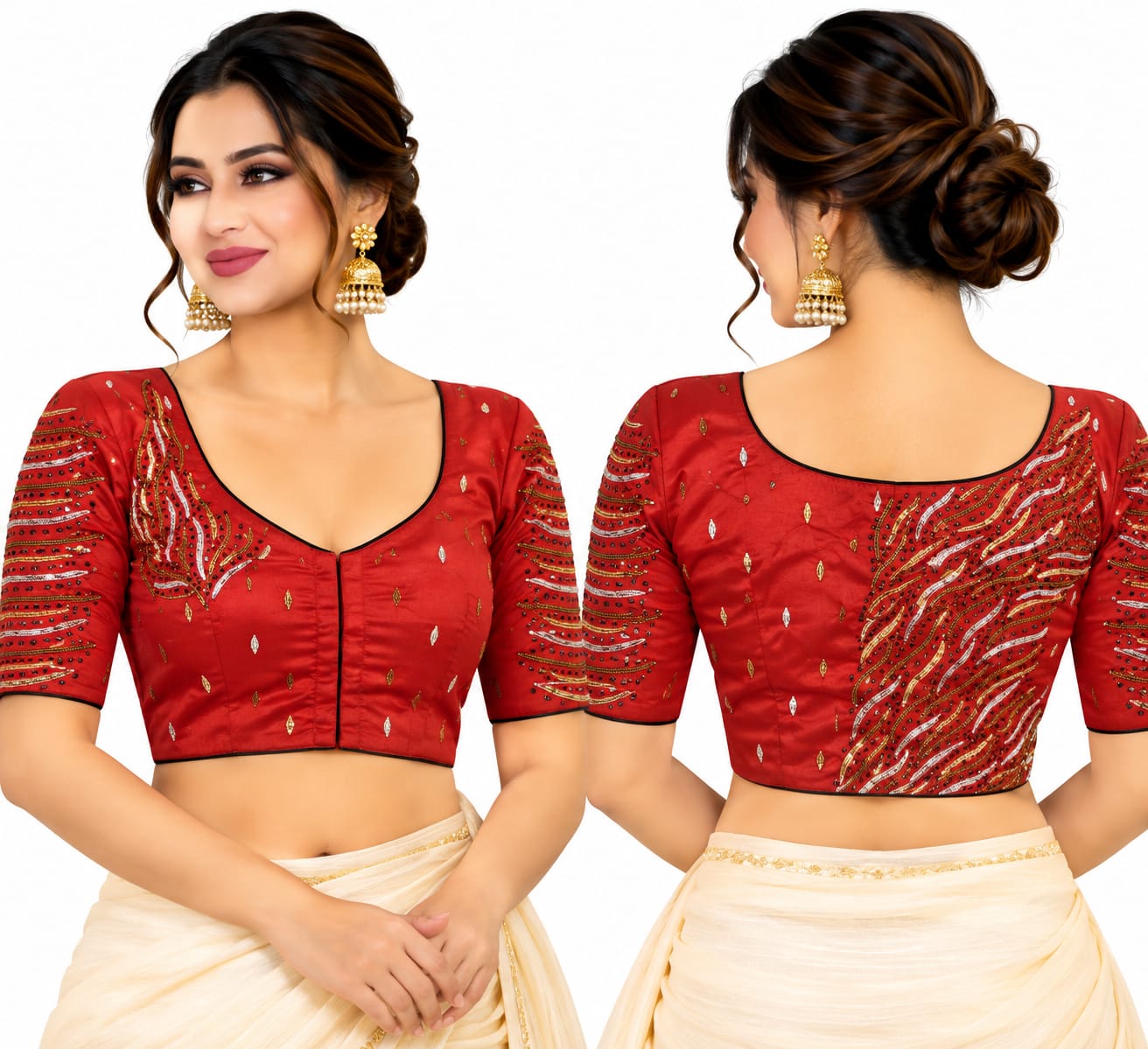 Red Silk Saree Blouse with Sequin and Bead Embroidery