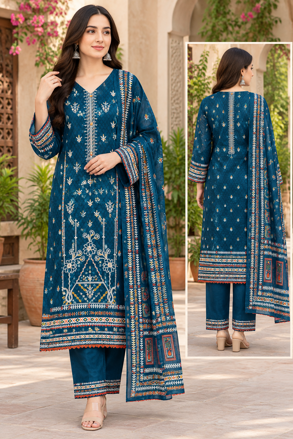 Teal Blue Printed and Embroidered Salwar Kameez Suit Set