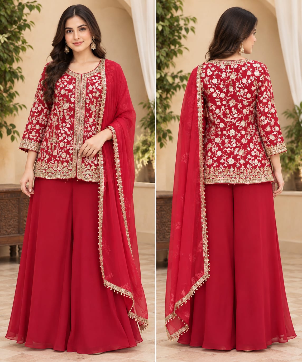 Red and Gold Embroidered Kurti with Wide-Leg Palazzo Pants and Dupatta Set