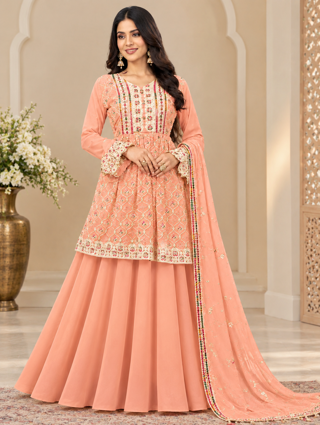 Peach Embroidered Peplum Kurta with Flared Skirt and Dupatta