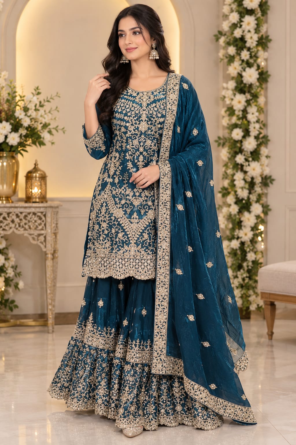 Ornate Teal Blue Heavily Embroidered Sharara Set with Dupatta