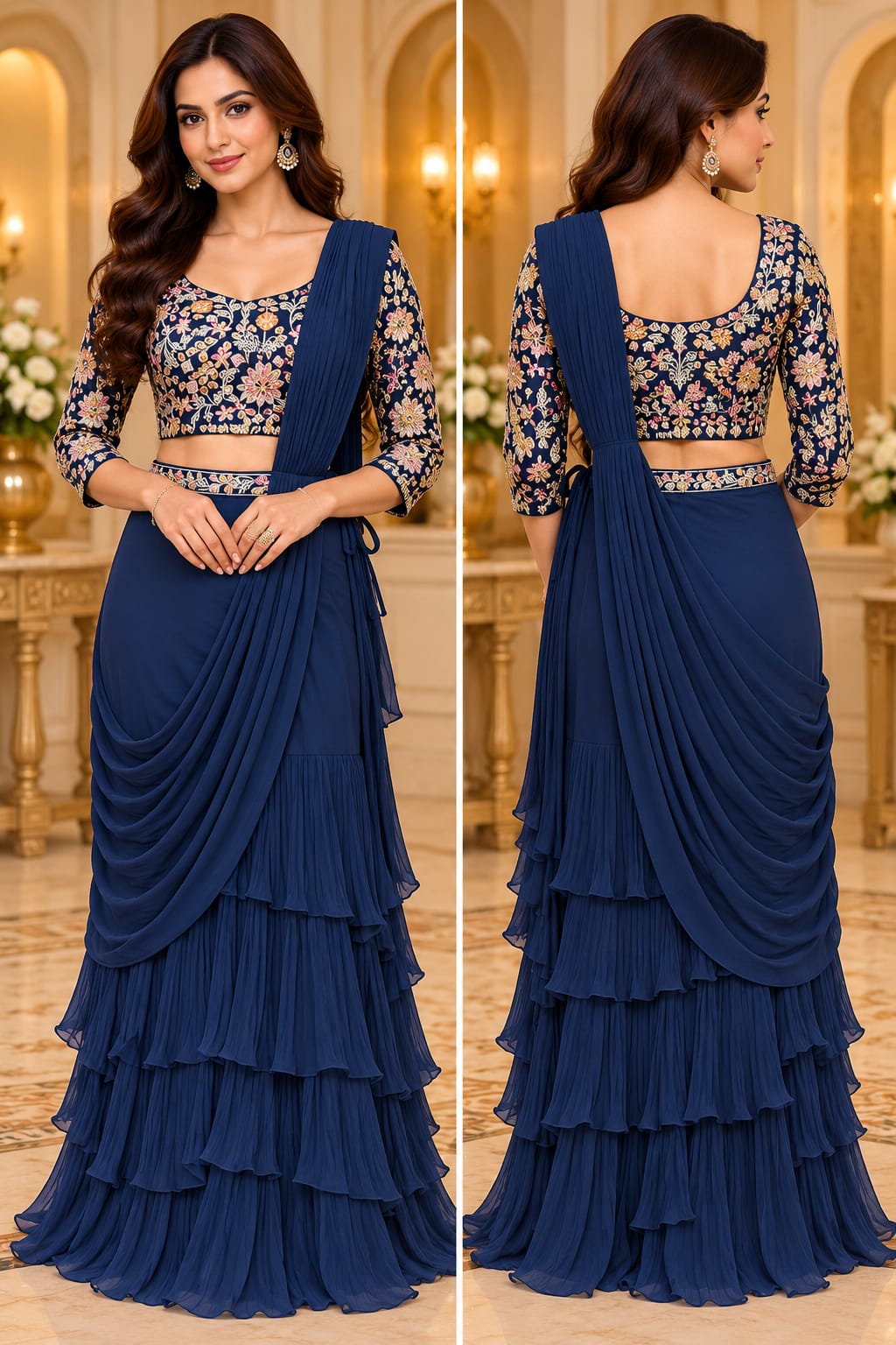 Navy Blue Embroidered Crop Blouse with Pre-Draped Tiered Ruffle Skirt