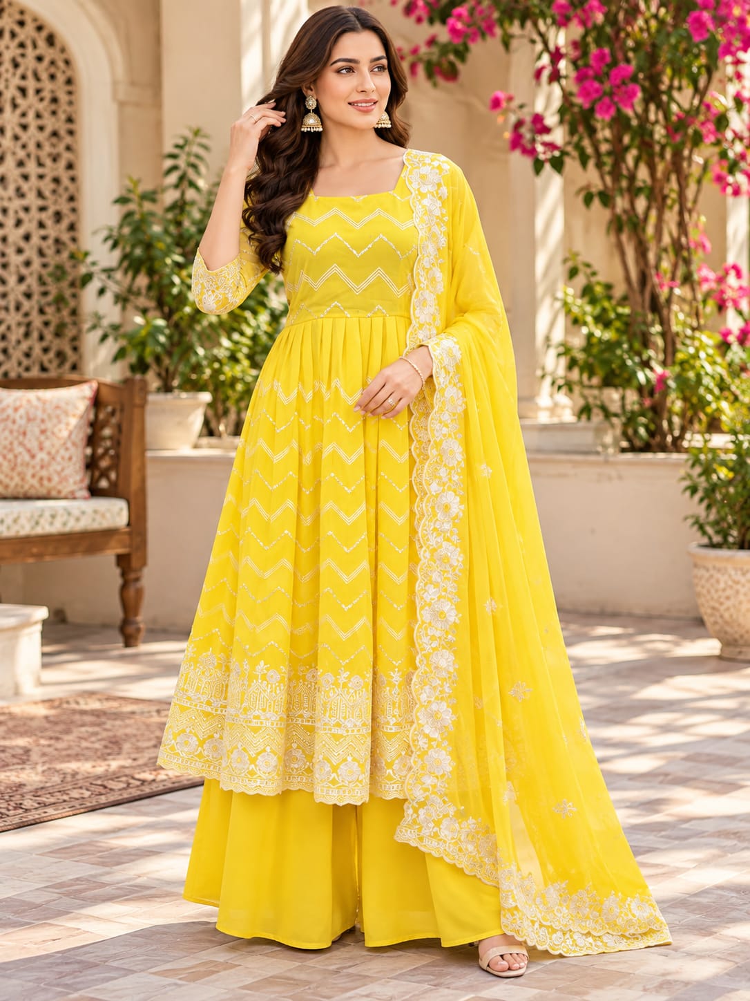 Yellow Embroidered Anarkali Kurta Set with Palazzo and Dupatta
