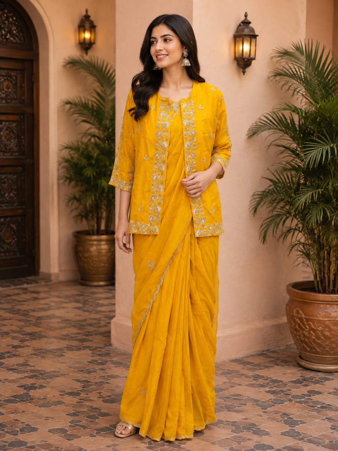 Mustard Yellow Embroidered Saree with Matching Open-Front Jacket