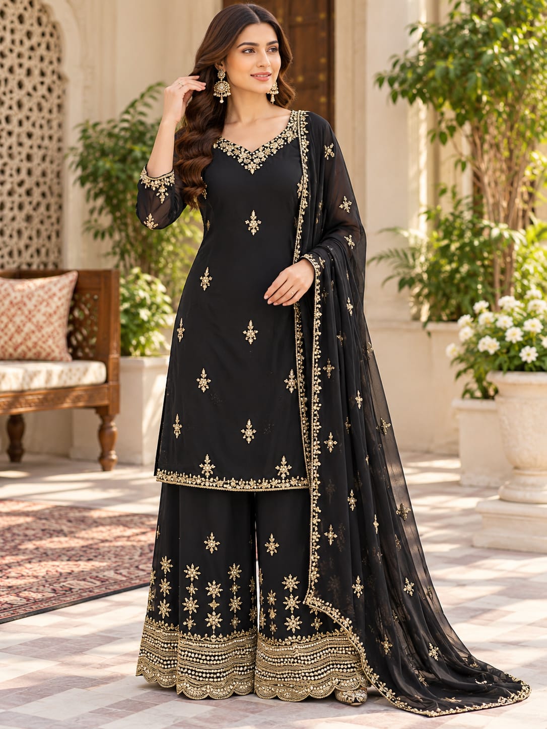 Black and Gold Embroidered Sharara Suit Set with Dupatta