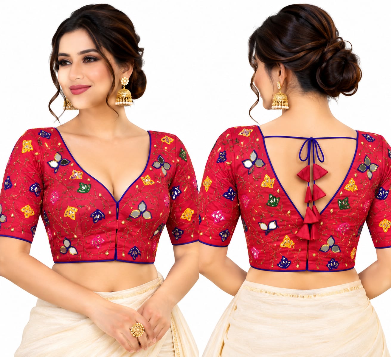 Embroidered Red Sari Blouse with Deep Back and Tassels