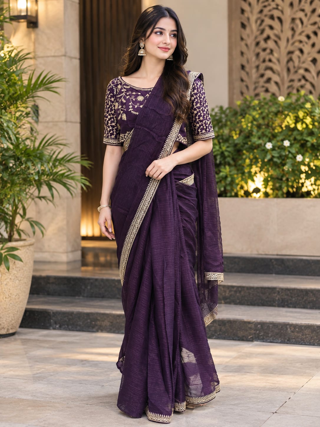 Elegant Plum Purple Saree with Embroidered Blouse