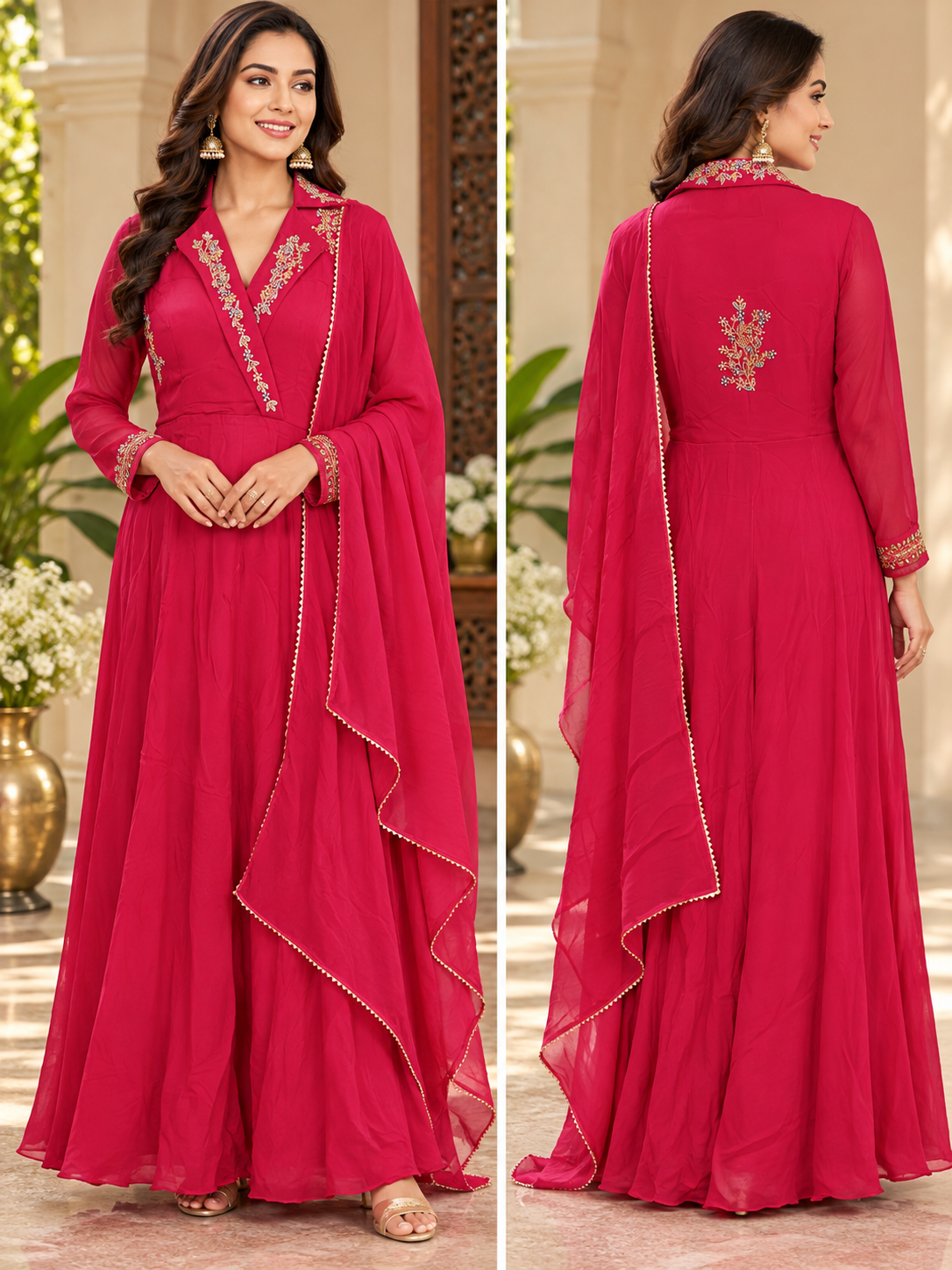 Magenta Pink Embroidered Collar Anarkali Gown with Dupatta