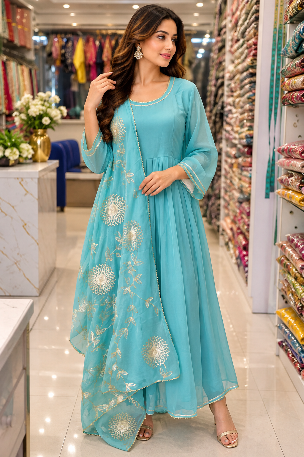 Turquoise Flared Anarkali Dress with Gold-Embroidered Dupatta