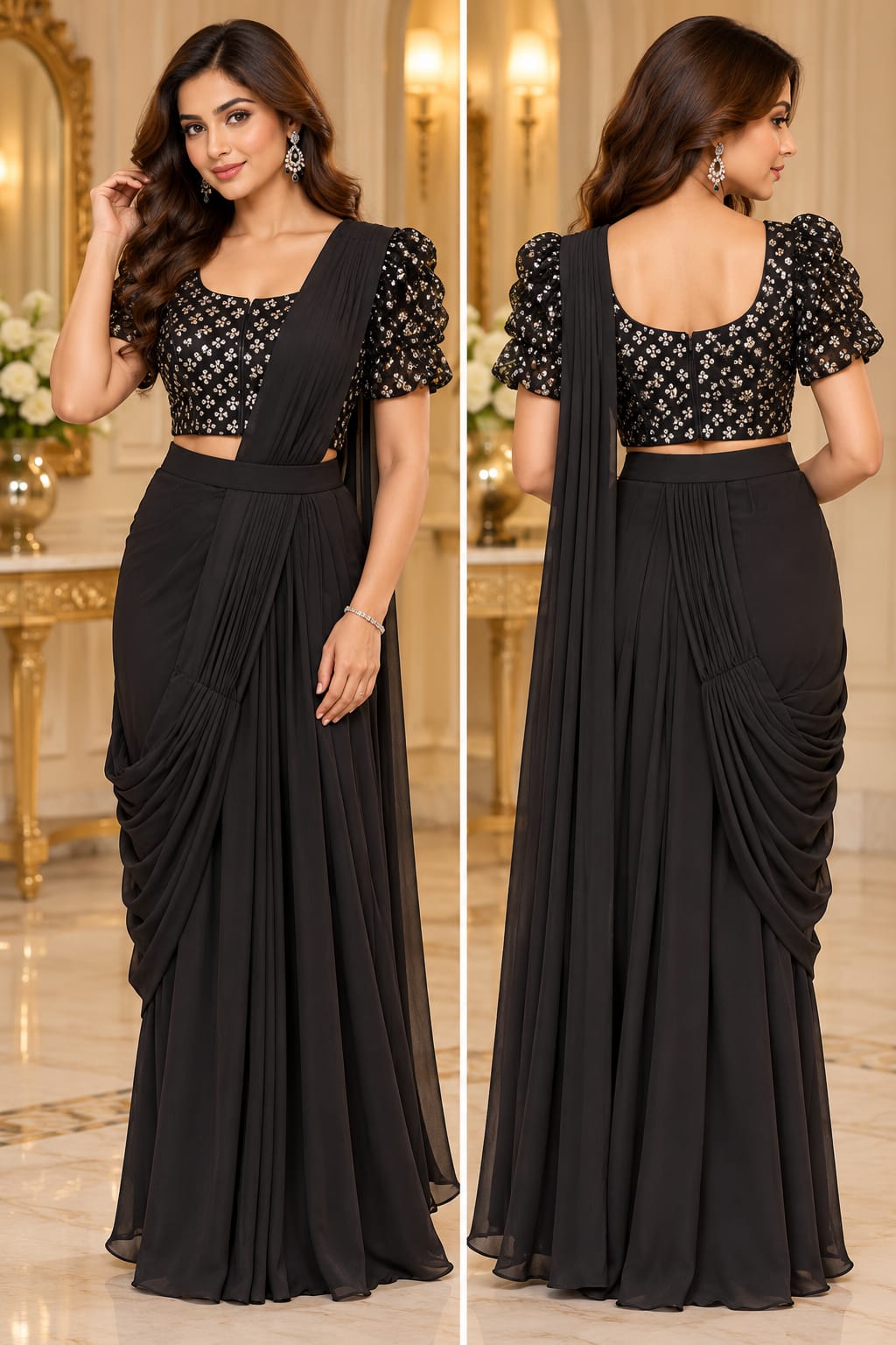 Elegant Black Pre-Draped Saree Set with Embellished Puff-Sleeve Blouse