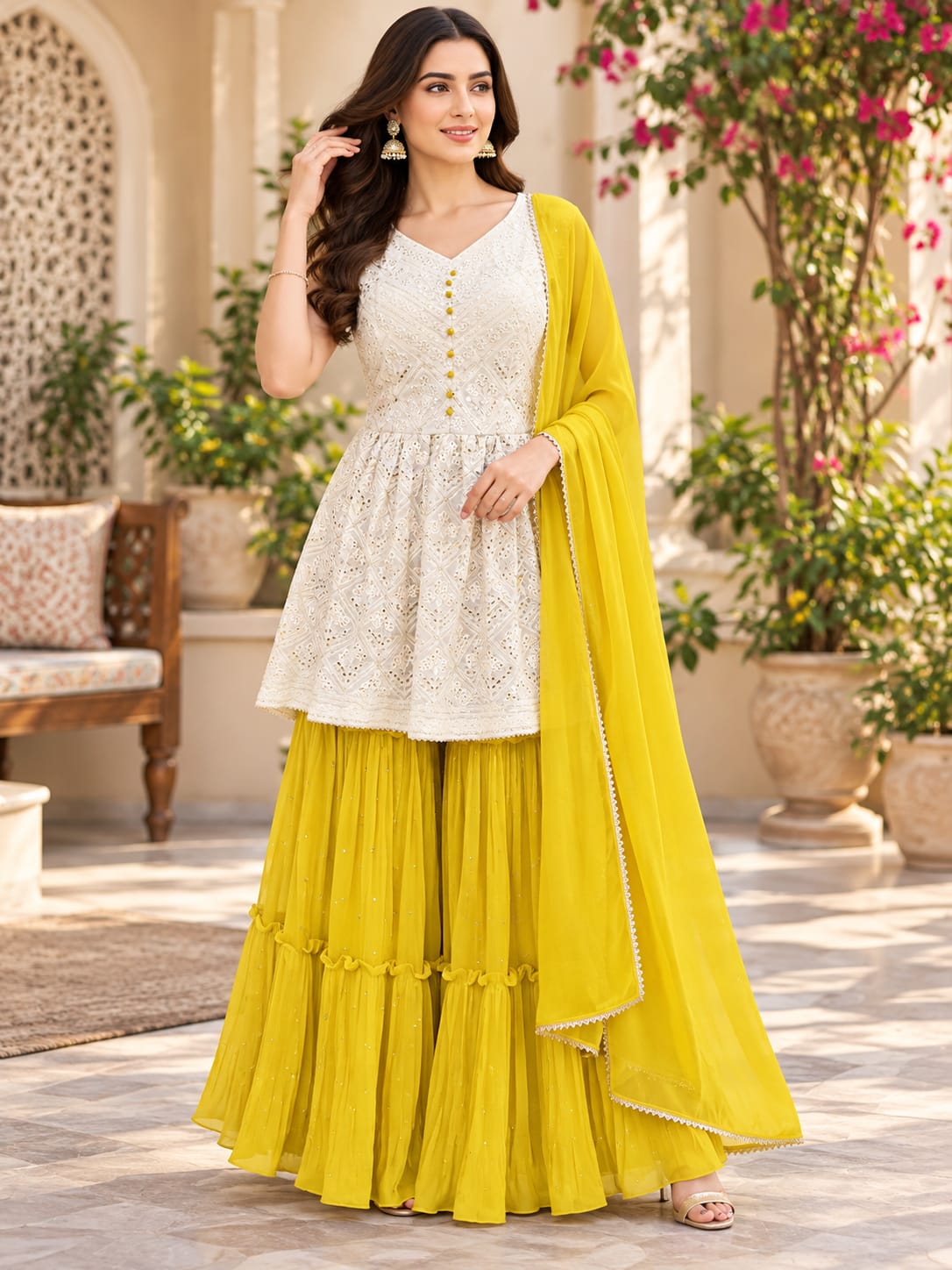 Off-White Embroidered Short Kurta with Yellow Sharara and Dupatta Set