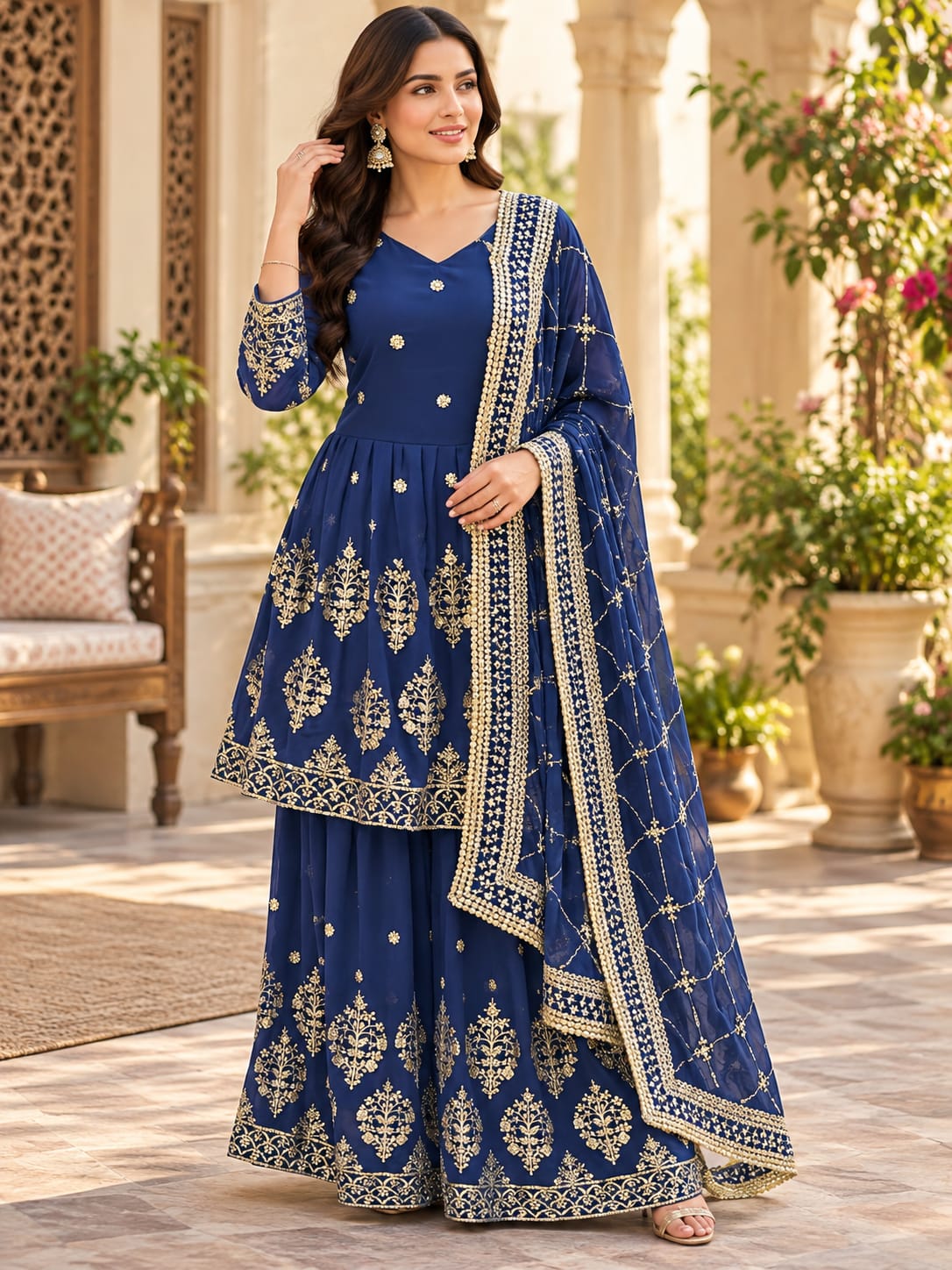Royal Blue Embroidered Sharara Suit with Dupatta