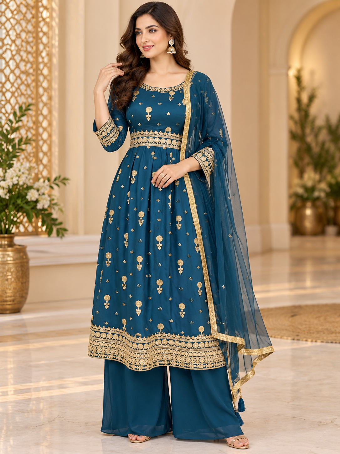Teal Blue Embroidered Kurta and Palazzo Set with Dupatta