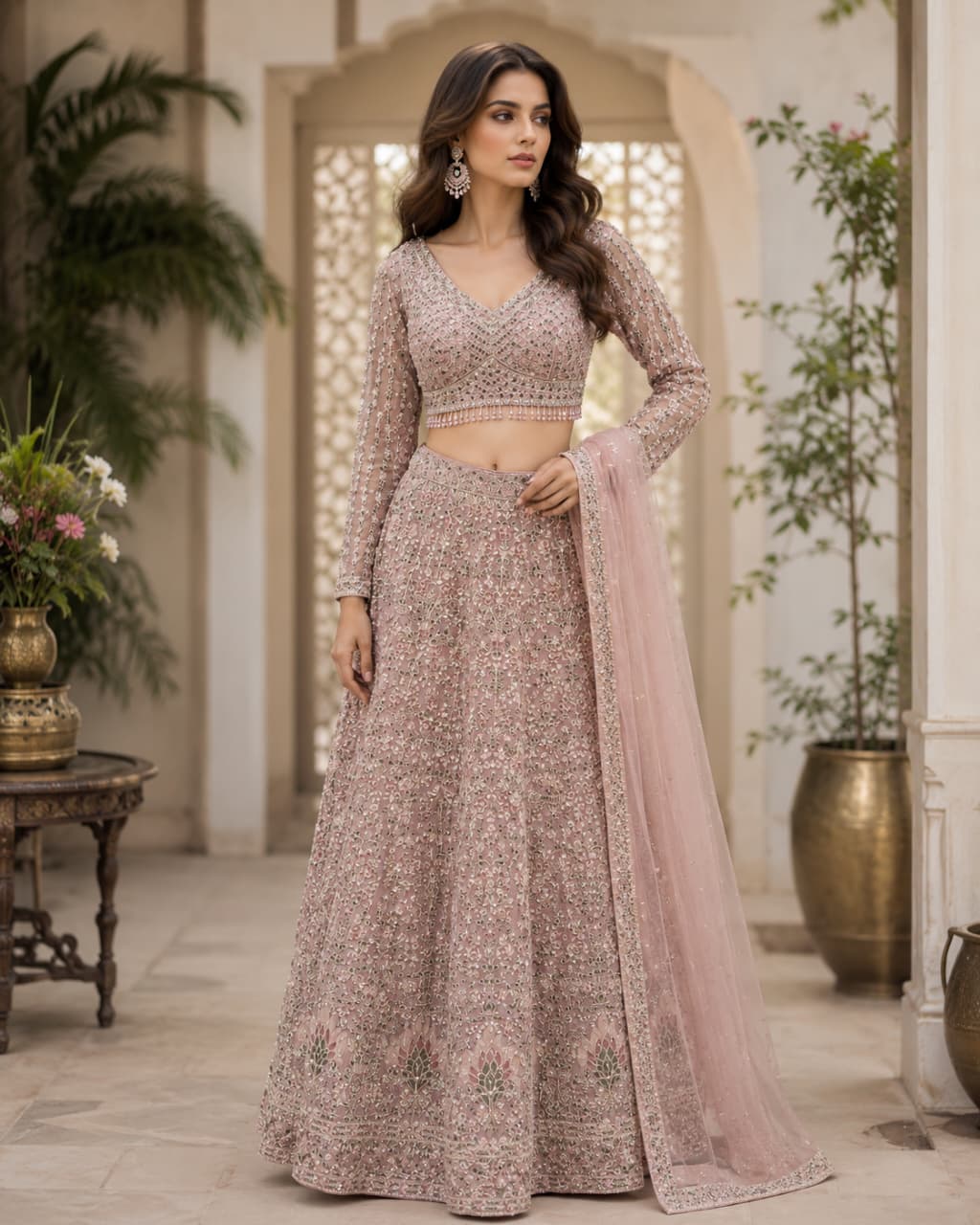 Dusty Pink Heavily Embellished Lehenga Set