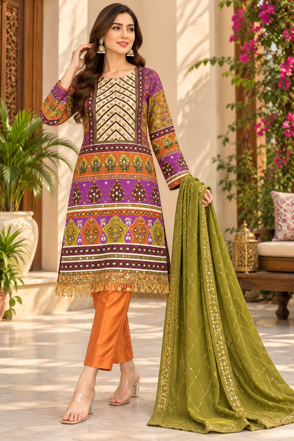 Three-Piece Multi-Color Printed Kurta Set with Orange Trousers and Olive Green Dupatta
