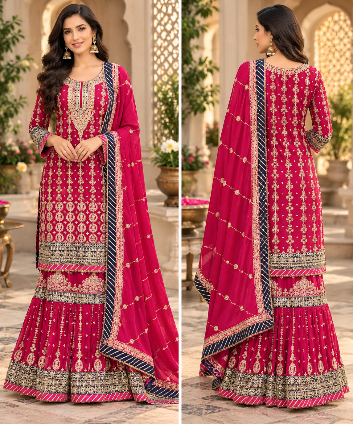 Embellished Magenta Sharara Suit Set with Navy Accents
