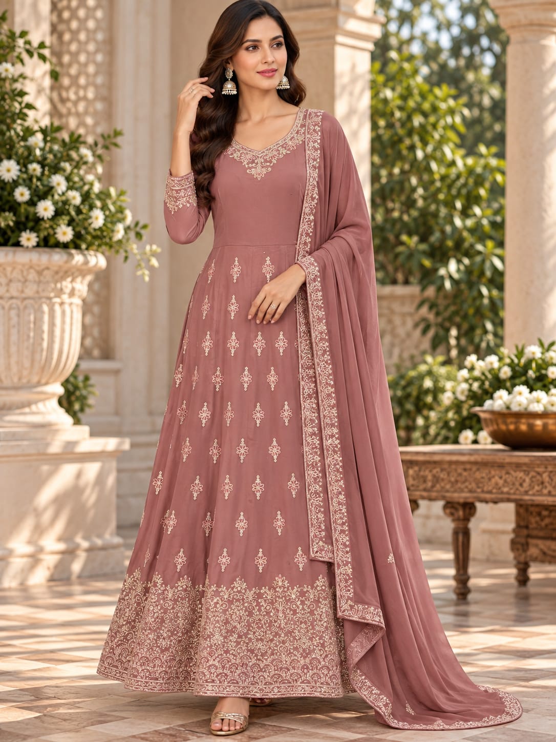 Dusty Rose Embroidered Anarkali Dress with Dupatta
