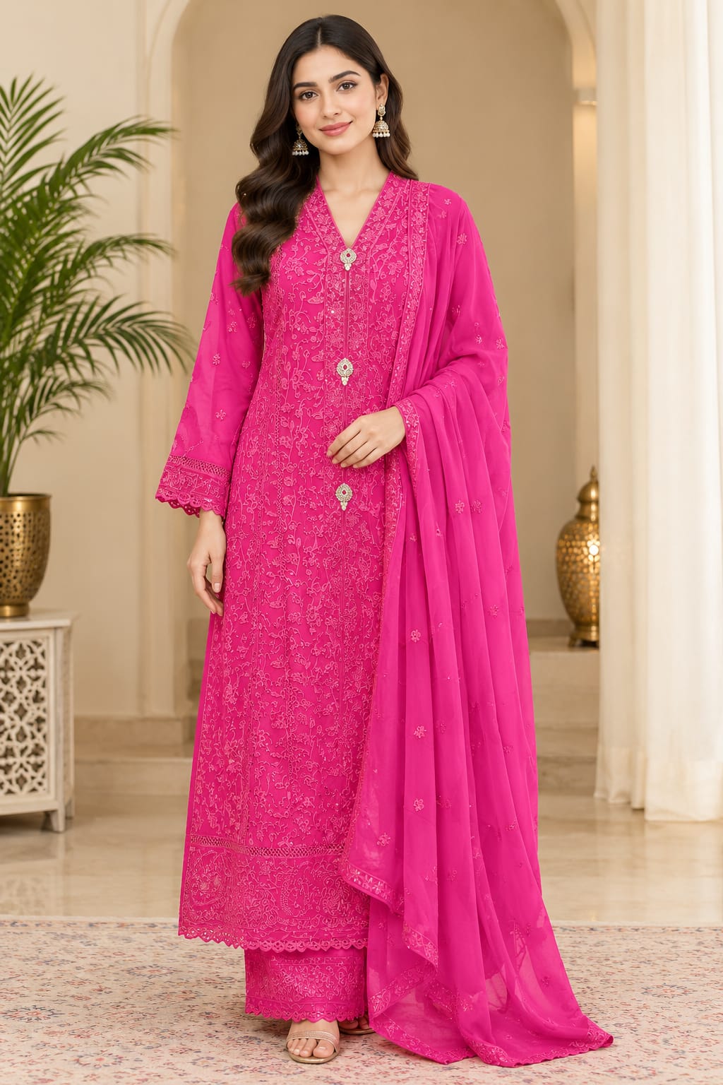 Fuchsia Pink Embroidered Pakistani gown
