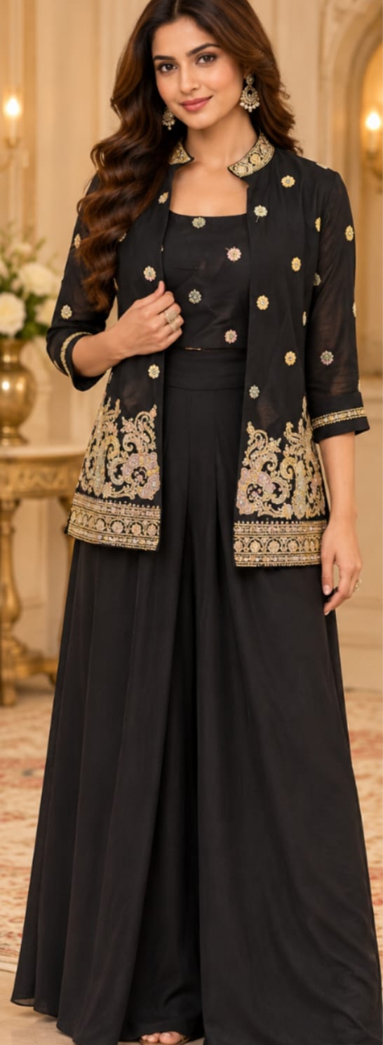 Women's 3-Piece Black Embroidered Fusion Set with Jacket and Palazzo Pants