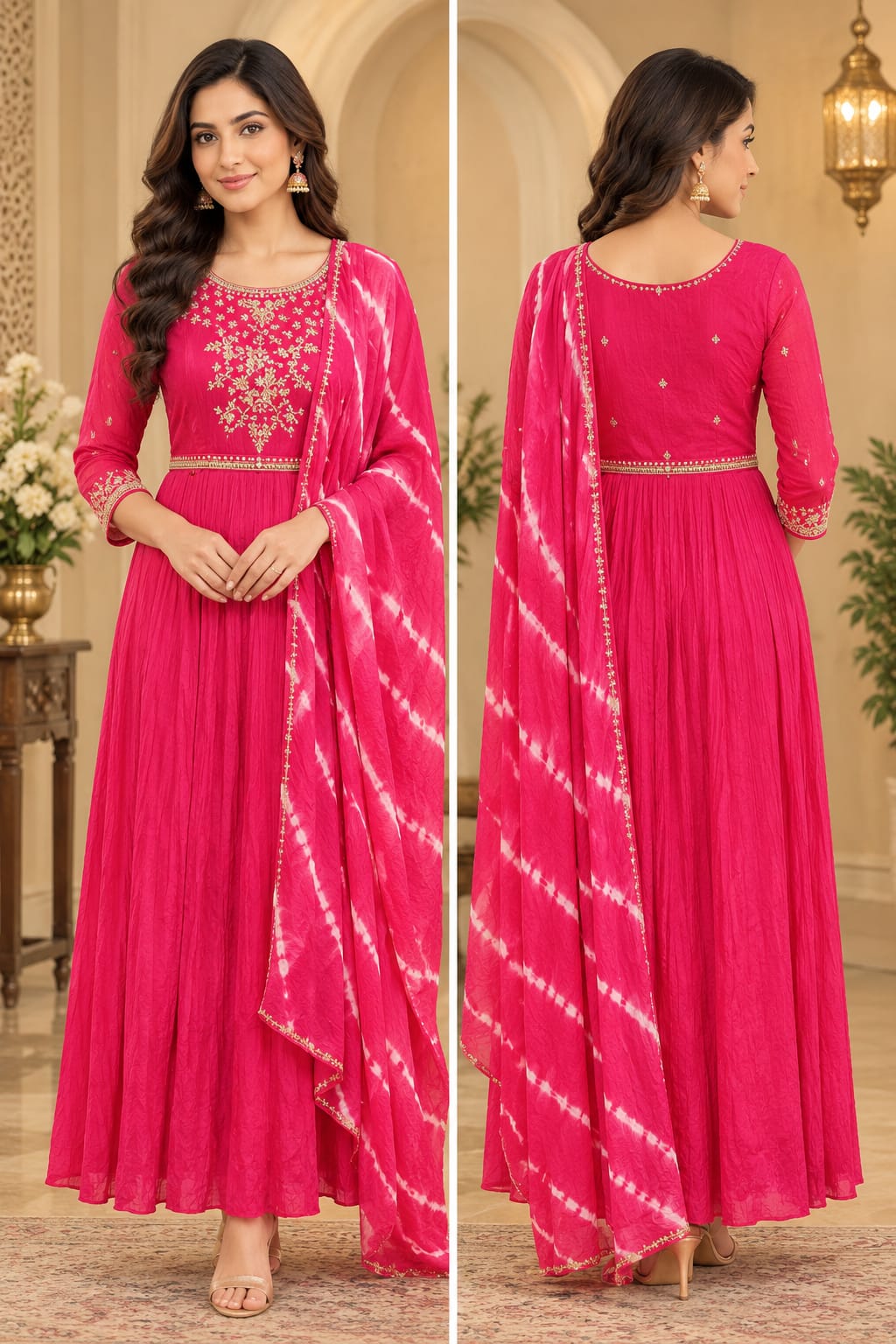 Fuchsia Pink Embroidered Anarkali Suit with Tie-Dye Dupatta