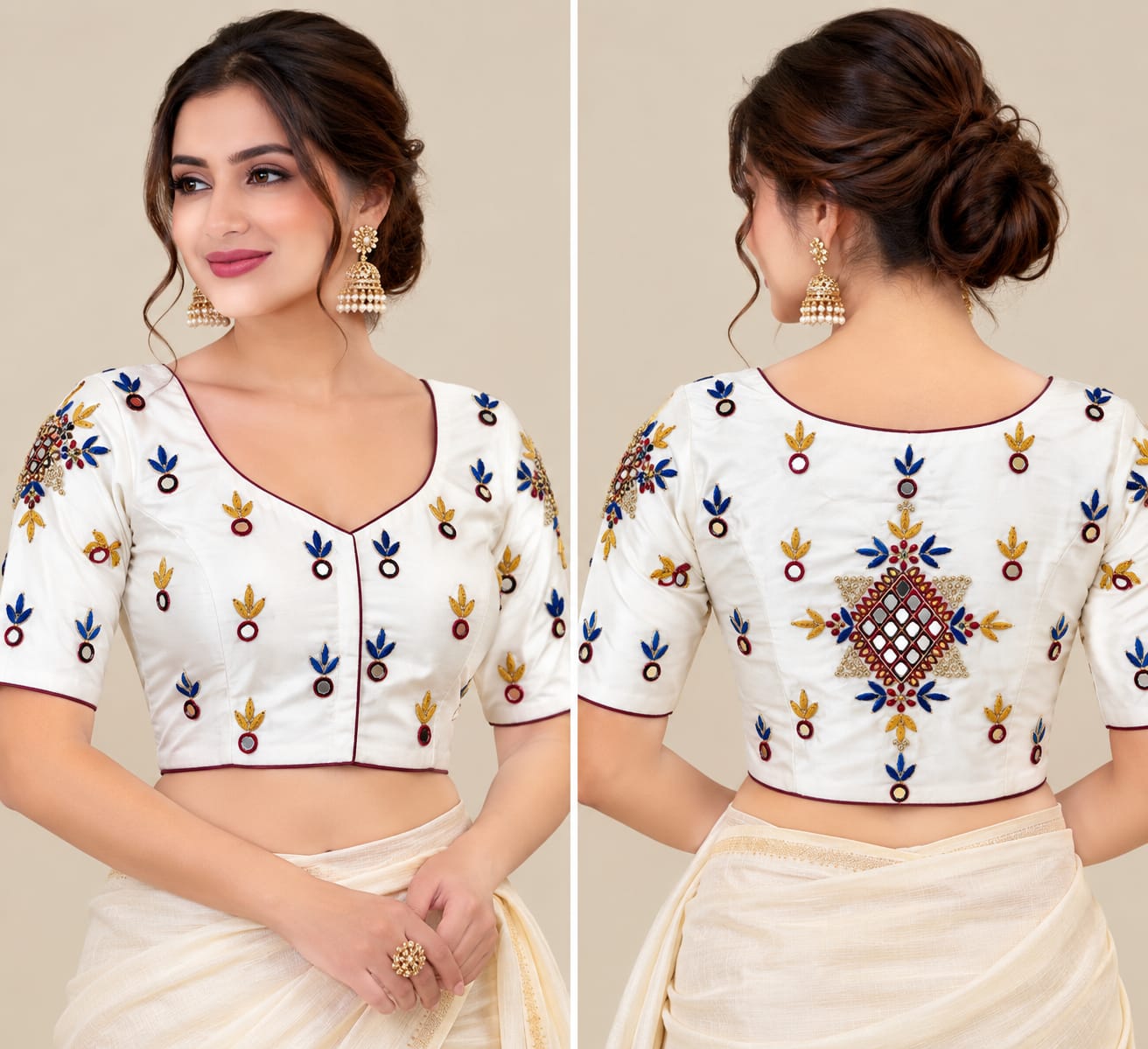 Off-White Embroidered Saree Blouse with Mirror Work